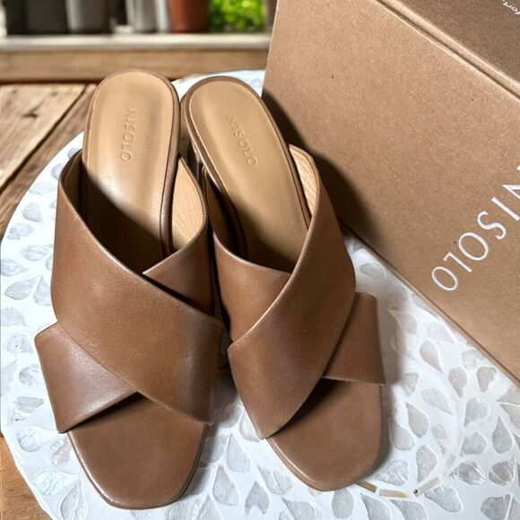 NISOLO Carina Leather Cross Strap Heeled Slip On Sandal Mule Womens 7.5 - Picture 6 of 16
